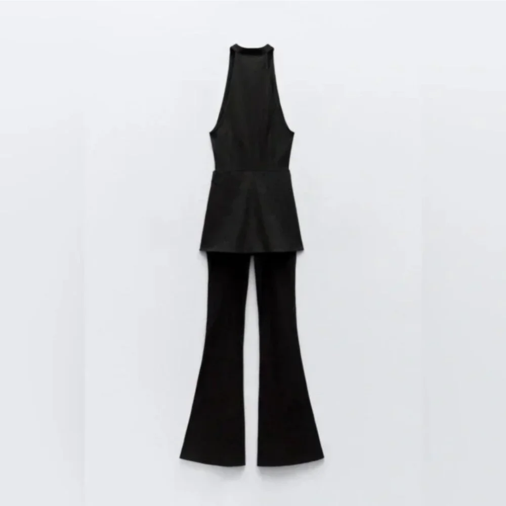 Zara Linen Blend Halter Jumpsuit with Skirt